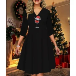 Women's Christmas Print Dress Wine Light Red Dark Green Red Black Long Sleeve Elk SnowmanTree Print Winter Autumn V Neck Fashion CasualFall Dress Loose Fit 2022 S M L XL 2XL 3XL 4XL 5XL -Fashion Life Shop ympqkq1666064456143
