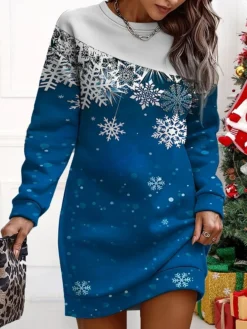 Women's Christmas Casual Dress Sweatshirt Dress Mini Dress Warm Fashion OutdoorVacation Crew Neck Print Print Loose Fit Yellow Red Blue S M L XL XXL -Fashion Life Shop ymtisv1695365365427