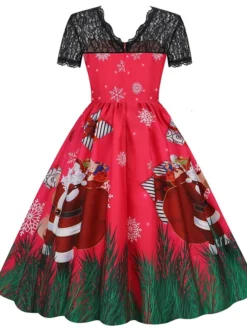 Women's Christmas Casual Dress Swing Dress Midi Dress Green Wine Light Red Fuchsia Red Black Short Sleeve Santa Claus Snowman Snowflake Lace Print Winter Fall Crew Neck Vacation Vintage 2022 S M L XL -Fashion Life Shop ynmadf1666761921937