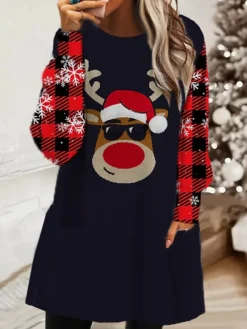 Women‘s Christmas Sweatshirt Dress Shift Dress Mini Dress Green Black Red Long Sleeve Plaid Pocket Winter Fall Autumn Crew Neck Daily Loose Fit 2022 S M L XL XXL 3XL -Fashion Life Shop youmkw1667562369506