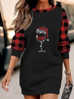 Women's Christmas Casual Dress Sweatshirt Dress Mini Dress Warm Fashion Outdoor Vacation Crew Neck Print Snowman Hat Loose Fit Black White Wine S M L XL XXL