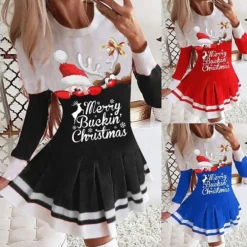 Women's Christmas Swing Dress Blue Red Black Long Sleeve Letter Santa Claus Elk Pleated Print Winter Fall Crew Neck Stylish Romantic Fall Dress Loose Fit 2022 S M L XL XXL / Winter Dress