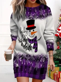 Women's Christmas Casual Dress Sweatshirt Dress Mini Dress Warm Fashion Outdoor Vacation Crew Neck Print Santa Claus Snowman Loose Fit ArmyGreen Red Navy Blue S M L XL XXL -Fashion Life Shop yqmdpk1695365302648