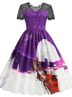 Women's Christmas Casual Dress Swing Dress Midi Dress Blue Purple Red Short Sleeve Elk Print Lace Print Winter Fall Crew Neck Vacation Vintage 2022 S M L XL XXL 3XL -Fashion Life Shop yqnvoz1666597366337