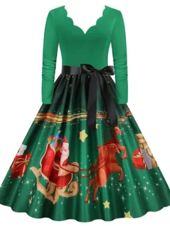 Women's Christmas Casual Dress Swing Dress Midi Dress Light Green Wine Long Sleeve Santa Claus Elk Snowman Bow Print Winter Fall V Neck Stylish Romantic Fall Dress 2022 S M L XL 2XL 3XL