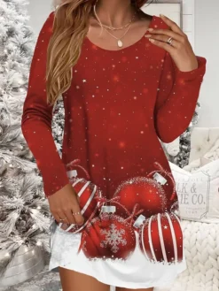 Women's Casual Dress Christmas Dress Winter Dress Snowman Snowflake Print V Neck Mini Dress Fashion Streetwear Outdoor Christmas Long Sleeve Loose Fit White Dark Red Wine Fall Winter S M L XL XXL -Fashion Life Shop yrvrit1697016368416