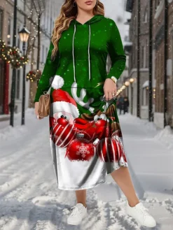 Women's Plus Size Curve Christmas Dress Hoodie Dress Casual Dress Santa Claus Elk Long Dress Maxi Dress Long Sleeve Pocket Print Hooded Fashion Outdoor Black Wine Fall Winter L XL XXL 3XL 4XL -Fashion Life Shop ysfapo1697633213905