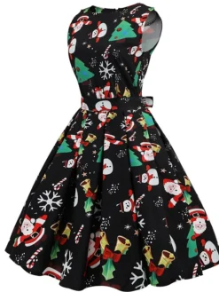 Women's Christmas Swing Dress Knee Length Dress Black SleevelessSnowman Candy Zipper Bow Print Fall Spring Round Neck VintageParty 2021 S M L XL XXL XXXL -Fashion Life Shop ysvrhm1628230560609