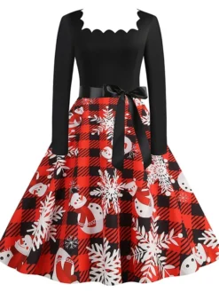 Women's Christmas Casual Dress Vintage Dress Midi Dress Black Blue Wine Long Sleeve Santa Claus Bow Winter Fall Spring Square Neck Vacation Christmas Daily Vacation 2022 S M L XL XXL 3XL -Fashion Life Shop ytadfz1667637135062