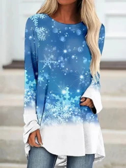 Women's Christmas T Shirt Dress Tee Dress Print DressShort Mini Dress Light Blue Long Sleeve Animal Print Patchwork Print Spring Fall Crew Neck Classic Modern 2022 S M L XL 2XL 3XL 4XL