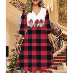 Women's Christmas Print Dress Wine Light Red Dark Green Red Black Long Sleeve Elk SnowmanTree Print Winter Autumn V Neck Fashion CasualFall Dress Loose Fit 2022 S M L XL 2XL 3XL 4XL 5XL -Fashion Life Shop yucetb1668427185806