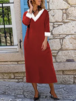 Women's Christmas Dress Casual Dress Winter Dress Midi Dress Patchwork Outdoor Christmas Daily Fashion Streetwear V Neck Long Sleeve 2023 Regular Fit Wine Color S M L XL XXL Size -Fashion Life Shop yvpmjn1693374424853