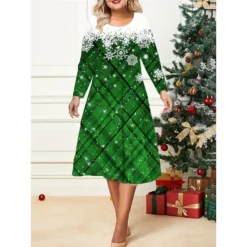 Women's Christmas Plus Size Curve Casual Dress Skater Dress A Line Dress Plaid Snowflake Midi Dress Long Sleeve Print Crew Neck Fashion Outdoor White Wine Fall Winter L XL XXL 3XL 4XL -Fashion Life Shop yvppgr1695640738418