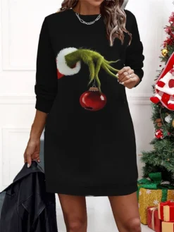 Women‘s Christmas Casual Dress Sweatshirt Dress Mini Dress Warm Fashion Outdoor Holiday Crew Neck Print Geometric Santa Claus Loose Fit Black Red Burgundy S M L XL XXL