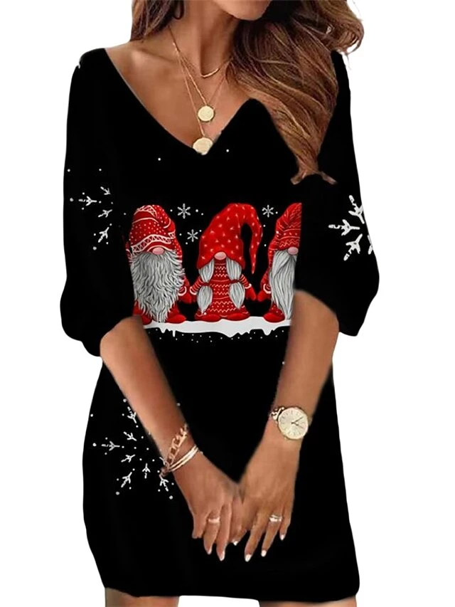 Women‘s Christmas Sweatshirt Dress Winter Dress Short Mini Dress Blue Black 3/4 Length Sleeve Santa Claus Snowman Snowflake Print Fall Winter V Neck Vacation Casual Loose Fit 2022 S M L XL XXL 3XL 6 Women‘s Christmas Sweatshirt Dress Winter Dress Short Mini Dress Blue Black 3/4 Length Sleeve Santa Claus Snowman Snowflake Print Fall Winter V Neck Vacation Casual Loose Fit 2022 S M L XL XXL 3XL - Image 6