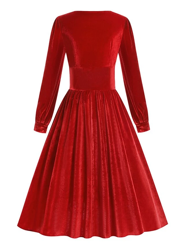 Women's Christmas Swing Dress Vintage Dress Midi Dress Green Black Red Long Sleeve Pure Color Ruched Winter Fall Square Neck Vintage Stylish 2022 S M L XL XXL 2 Women's Christmas Swing Dress Vintage Dress Midi Dress Green Black Red Long Sleeve Pure Color Ruched Winter Fall Square Neck Vintage Stylish 2022 S M L XL XXL - Image 2