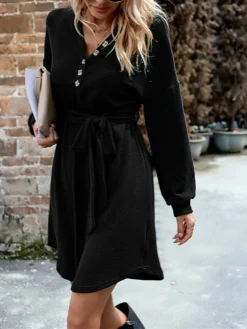 Women‘s Christmas Sweater Dress Jumper Dress Winter Dress Basic Christmas Street Daily Weekend V Neck Long Sleeve Lace Up Button 2023 Regular Fit Black Red Blue S M L XL -Fashion Life Shop yxcqhp1692340854808