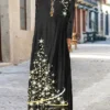Women's Casual Dress Velvet Dress Winter Dress Christmas Tree Pocket Print Crew Neck Long Dress Maxi Dress Fashion Streetwear Outdoor Christmas Long Sleeve Loose Fit Black Yellow Gold Fall Winter S M
