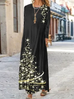 Women's Casual Dress Velvet Dress Winter Dress Christmas Tree Pocket Print Crew Neck Long Dress Maxi Dress Fashion Streetwear Outdoor Christmas Long Sleeve Loose Fit Black Yellow Gold Fall Winter S M