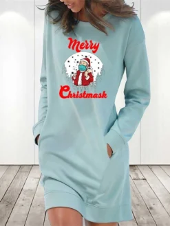 Women‘s Christmas Hoodie Dress Winter Dress Light Blue Grey White Long Sleeve Letter Santa Claus Pocket Print Winter Fall Crew Neck Stylish Fall Dress Loose Fit 2022 S M L XL 2XL / Cotton