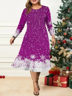 Women's Christmas Plus Size Curve Casual Dress Skater Dress A Line Dress Christmas Tree Snowflake Midi Dress Long Sleeve Print Crew Neck Fashion Outdoor Black Wine Fall Winter L XL XXL 3XL 4XL -Fashion Life Shop yyvotl1695350911834