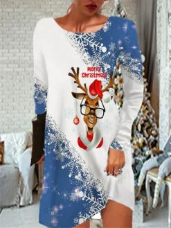 Women's Christmas Casual Dress T Shirt Dress Tee Dress Mini Dress Blue Purple Light Red Light Blue White Long Sleeve Letter Elk Snowflake Pocket Print Winter Fall Crew Neck Vacation Casual 2022 S M L -Fashion Life Shop yzjckl1666761976183