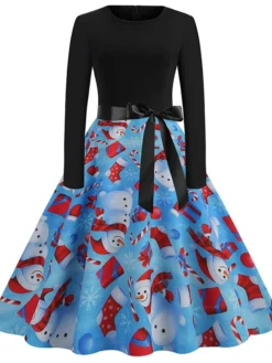 Women's Christmas Casual Dress Swing Dress Vintage Dress Midi Dress Green Blue Royal Blue Long Sleeve Color Block Bow Winter Fall Autumn V Neck Slim 2022 S M L XL XXL 3XL -Fashion Life Shop yzzpww1666761741435