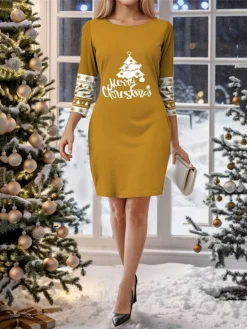 Women's Casual Dress Christmas Dress Winter Dress Christmas Tree Print Crew Neck Mini Dress Fashion Streetwear Outdoor Christmas 3/4 Length Sleeve Regular Fit Black Yellow Wine Fall Winter S M L XL -Fashion Life Shop zblqyb1697193966706