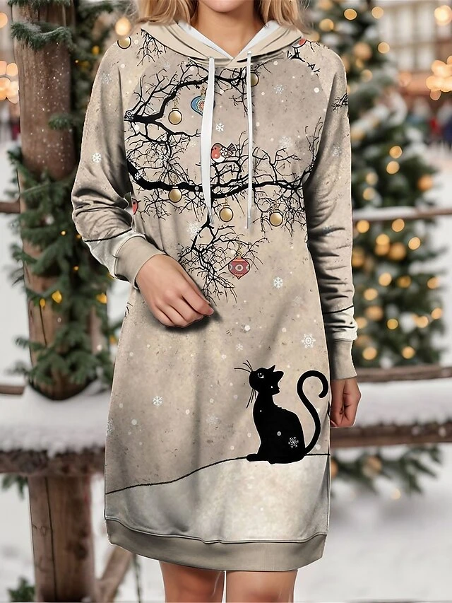 Women's Christmas Dress Hoodie Dress Mini Dress Warm Fashion Outdoor Christmas Holiday Hoodie Print Cat Loose Fit Pink Purple Khaki S M L XL XXL 1 Women's Christmas Dress Hoodie Dress Mini Dress Warm Fashion Outdoor Christmas Holiday Hoodie Print Cat Loose Fit Pink Purple Khaki S M L XL XXL