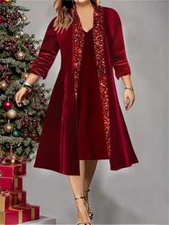 Women's Plus Size Two Piece Dress Set Velvet Dress Party Dress Party Christmas Fashion Elegant Patchwork Sequin Midi Dress V Neck 3/4 Length Sleeve Plain Regular Fit Wine Fall Winter L XL XXL 3XL 4XL