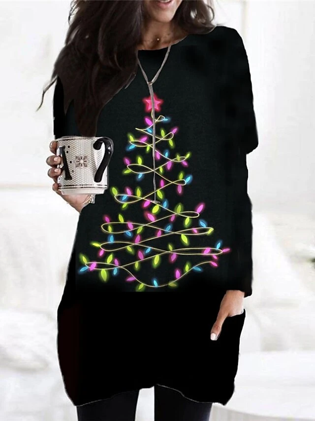 Women's Christmas Casual Dress T Shirt Dress Tee Dress Mini Dress Black Long Sleeve Tree Pocket Print Winter Fall Crew Neck Vacation Casual 2022 S M L XL XXL 3XL 2 Women's Christmas Casual Dress T Shirt Dress Tee Dress Mini Dress Black Long Sleeve Tree Pocket Print Winter Fall Crew Neck Vacation Casual 2022 S M L XL XXL 3XL - Image 2