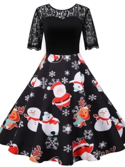 Women's Christmas Casual Dress Swing Dress Midi Dress Black Short Sleeve Santa Claus Snowman Snowflake Lace Winter Fall Crew Neck Vintage Elegant Casual 2022 S M L XL 2XL 3XL / Black Dress -Fashion Life Shop zedsjn1666430372606