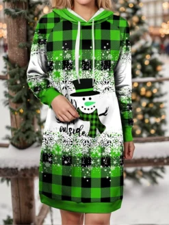 Women's Christmas Dress Hoodie Dress Mini Dress Warm Fashion Outdoor Christmas Holiday Hoodie Print Snowman Snowflake Loose Fit Wine Blue Green S M L XL XXL -Fashion Life Shop zelbqn1697633672926