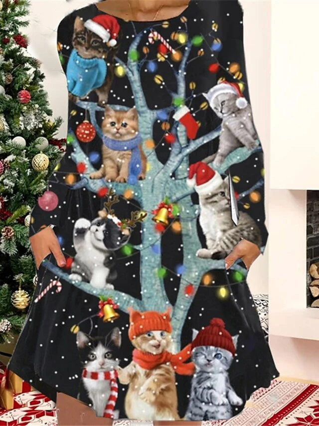 Women's Christmas Casual Dress T Shirt Dress Tee Dress Shift Dress Mini Dress Green Black Blue Long Sleeve Cat Pocket Winter Fall Autumn Crew Neck Fashion Christmas Daily 2022 S M L XL XXL 3XL 5 Women's Christmas Casual Dress T Shirt Dress Tee Dress Shift Dress Mini Dress Green Black Blue Long Sleeve Cat Pocket Winter Fall Autumn Crew Neck Fashion Christmas Daily 2022 S M L XL XXL 3XL - Image 5