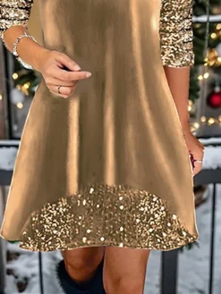 Women's Christmas Dress Velvet Dress Casual Dress Mini Dress Sequins Patchwork Outdoor Christmas Daily Fashion Modern Crew Neck Long Sleeve 2023 Regular Fit Wine Gold Color S M L XL XXL Size -Fashion Life Shop zfdoyx1697094346422
