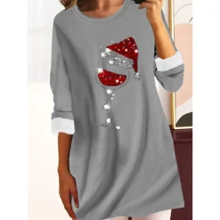 Women's Casual Dress Christmas Dress Shift Dress Print Print Crew Neck Mini Dress Fashion Modern Home Christmas Long Sleeve Regular Fit Pink Wine Red Fall Winter S M L XL XXL