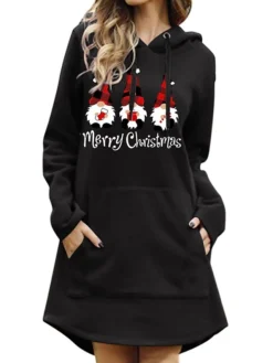 Women's Casual Dress Christmas Dress Hoodie Dress Letter Santa Claus Pocket Print Hooded Mini Dress Active Fashion Outdoor Christmas Long Sleeve Loose Fit Black Khaki Gray Fall Winter S M L XL XXL -Fashion Life Shop zfvwug1696925331288