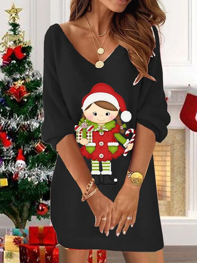 Women‘s Christmas Sweatshirt Dress Shift Dress Elf Mini Dress Green Black Red 3/4 Length Sleeve Graphic Print Winter Fall Spring V Neck Fashion Daily 2022 S M L XL XXL 3XL 3 Women‘s Christmas Sweatshirt Dress Shift Dress Elf Mini Dress Green Black Red 3/4 Length Sleeve Graphic Print Winter Fall Spring V Neck Fashion Daily 2022 S M L XL XXL 3XL - Image 3