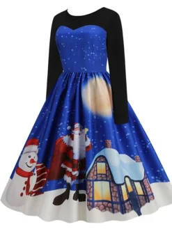 Women's Christmas Swing Dress Vintage DressKnee Length Dress Blue Royal Blue Light Blue Black Long Sleeve Santa Claus Elk Snowman Print Fall Winter Crew Neck Vacation Vintage 2022 S M L XL XXL 3XL -Fashion Life Shop zgvdcg1665293396563