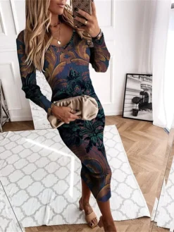 Women's Christmas Dress Sweater Dress Jumper Dress Midi Dress Warm Floral Outdoor Christmas Daily Holiday V Neck Long Sleeve 2023 Regular Fit Blue S M L XL XXL 3XL