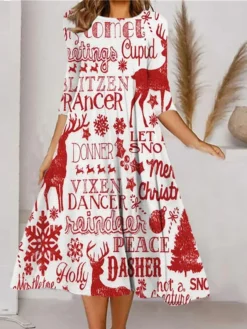 Women's Christmas Casual Dress Shift Dress Midi Dress Wine Navy Blue White 3/4 Length Sleeve Letter Ruched Winter Fall Autumn Fashion Christmas Daily Vacation 2022 S M L XL XXL 3XL -Fashion Life Shop zhkelc1667792904003