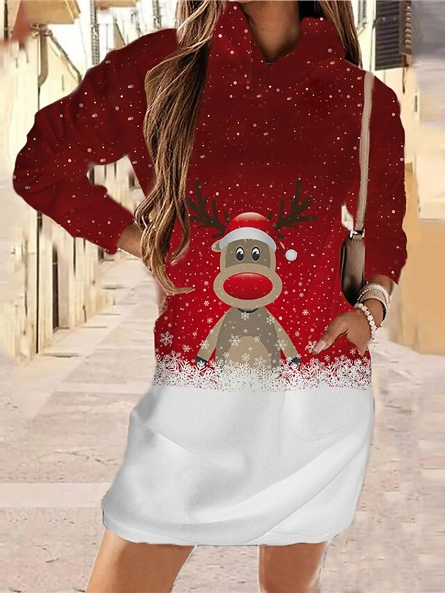 Women‘s Christmas Hoodie Dress Winter DressShort Mini Dress Blue Gold Red Long Sleeve Elk Pocket Print Fall Winter Hooded Vacation Casual 2022 S M L XL XXL 3XL 2 Women‘s Christmas Hoodie Dress Winter DressShort Mini Dress Blue Gold Red Long Sleeve Elk Pocket Print Fall Winter Hooded Vacation Casual 2022 S M L XL XXL 3XL - Image 2