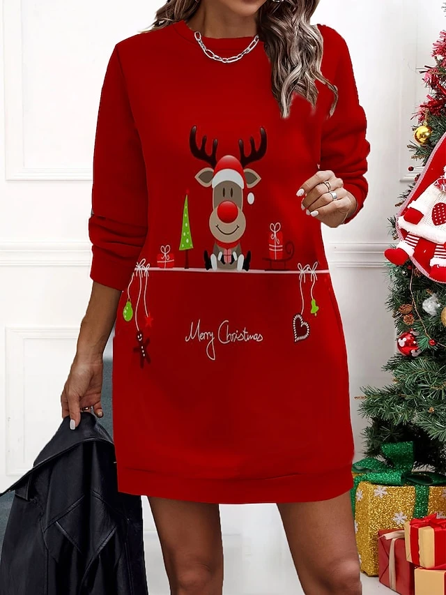 Women‘s Christmas Casual Dress Sweatshirt Dress Mini Dress Warm Fashion Outdoor Holiday Crew Neck Print Santa Claus Snowman Loose Fit Black Burgundy Green S M L XL XXL 4 Women‘s Christmas Casual Dress Sweatshirt Dress Mini Dress Warm Fashion Outdoor Holiday Crew Neck Print Santa Claus Snowman Loose Fit Black Burgundy Green S M L XL XXL - Image 4