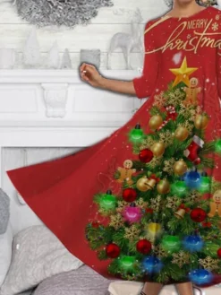 Women's Casual Dress Swing Dress Midi Dress Black Wine Red 3/4 Length Sleeve Christmas Tree Ruched Spring Fall Winter Crew Neck Fashion Christmas 2023 S M L XL XXL 3XL 4XL 5XL -Fashion Life Shop zhzgey1668506039535
