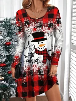 Women's Casual Dress Christmas Dress T Shirt Dress Tee Dress Plaid Snowman Print V Neck Mini Dress Fashion Streetwear Outdoor Christmas Long Sleeve Loose Fit Wine Blue Orange Fall Winter S M L XL XXL