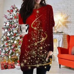 Women's Christmas T Shirt Dress Tee Dress Shift Dress Black Long Sleeve Animal Pocket Print Winter Fall V Neck Basic Casual Fall Dress Loose Fit S M L XL XXL 3XL / Winter Dress -Fashion Life Shop zidocj1668235968615