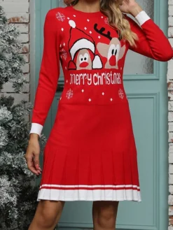 Women's Christmas Dress Sweater Dress Christmas Sweater Dress Midi Dress Ugly Graphic Tree Letter Outdoor Christmas Casual Holiday Crew Neck Long Sleeve 2023 Regular Fit White Wine Red S M L XL -Fashion Life Shop zieefx1696925865543