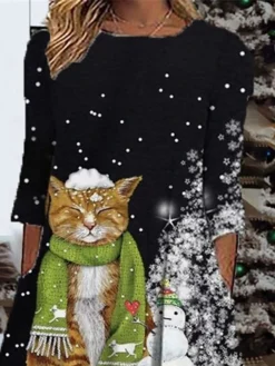 Women's Christmas Casual Dress Shift Dress Midi Dress Black 3/4 Length Sleeve Snowman Ruched Winter Fall Autumn Fashion Daily 2022 S M L XL XXL 3XL -Fashion Life Shop zihnmy1667979717370