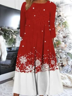 Women's Christmas Casual Dress Shift Dress Midi Dress Midi Dress Black Wine Light Red 3/4 Length Sleeve Snowman Ruched Winter Fall Autumn Round Neck Fashion Daily 2022 S M L XL XXL 3XL -Fashion Life Shop zisrpr1668051566146
