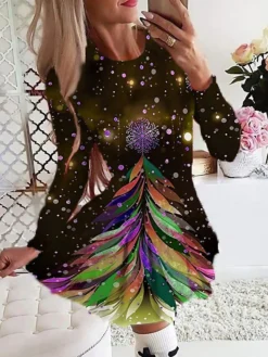 Women's Christmas Swing DressShort Mini Dress Green Brown Long Sleeve Print Snowflake Pleated Print Fall Winter Crew Neck Stylish Romantic 2022 S M L XL 2XL 3XL 4XL 5XL 6XL